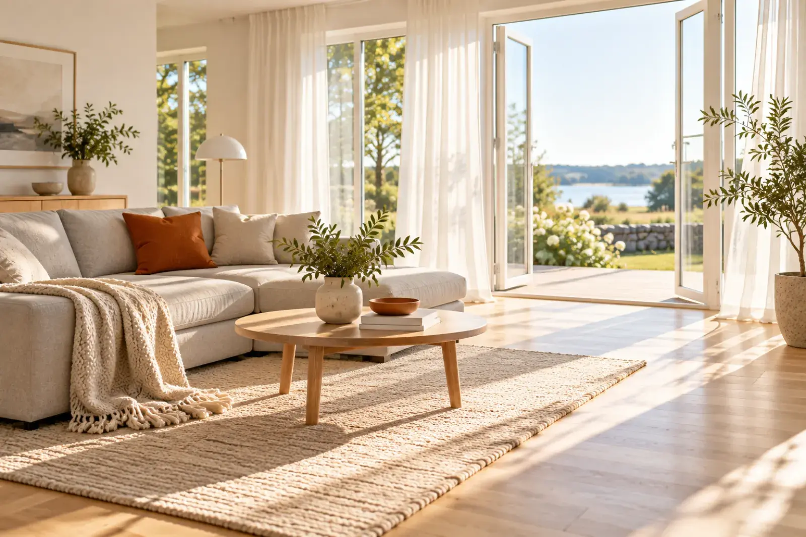 Ljust vardagsrum med utsikt mot vattnet