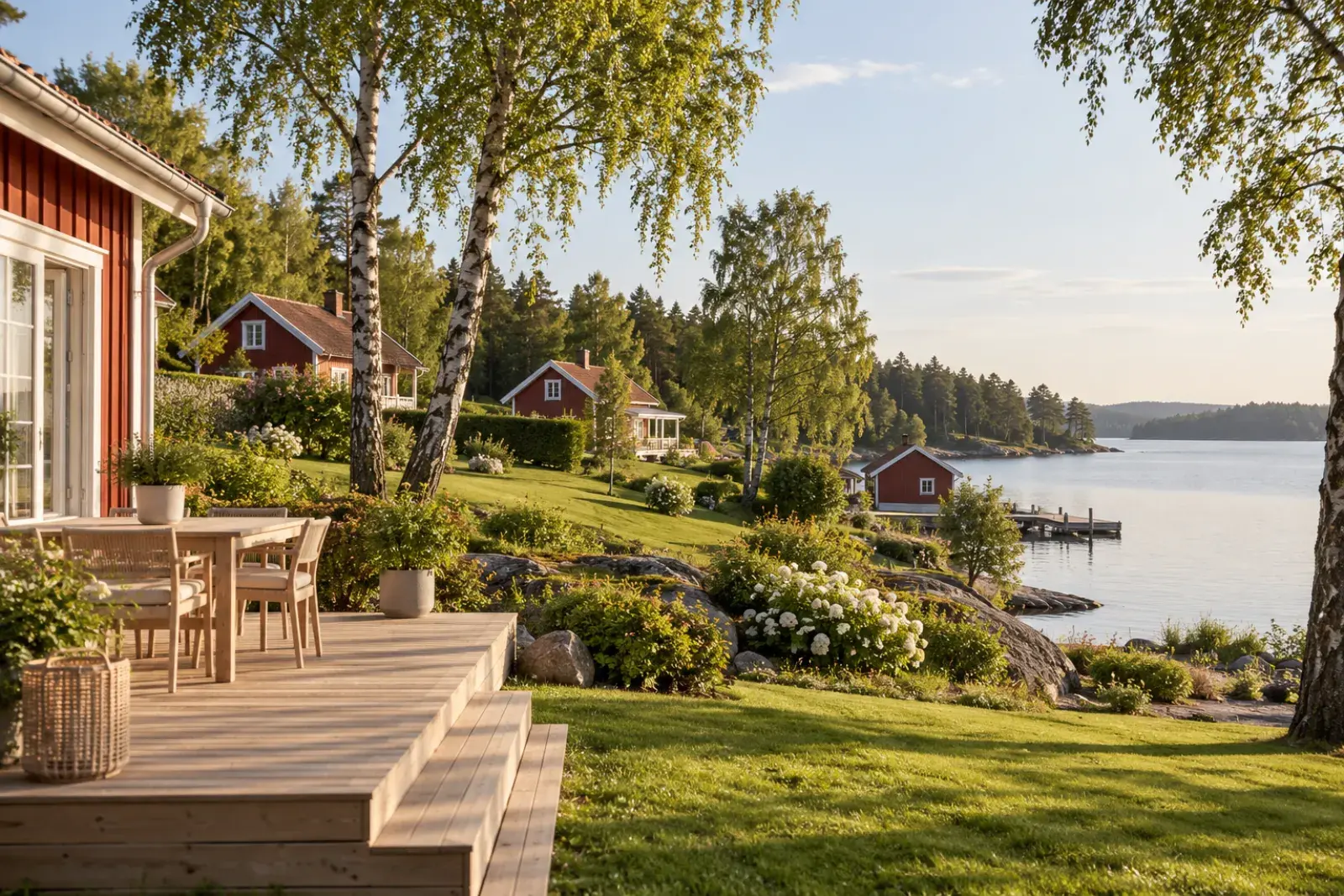 Röda trähus vid en sjö