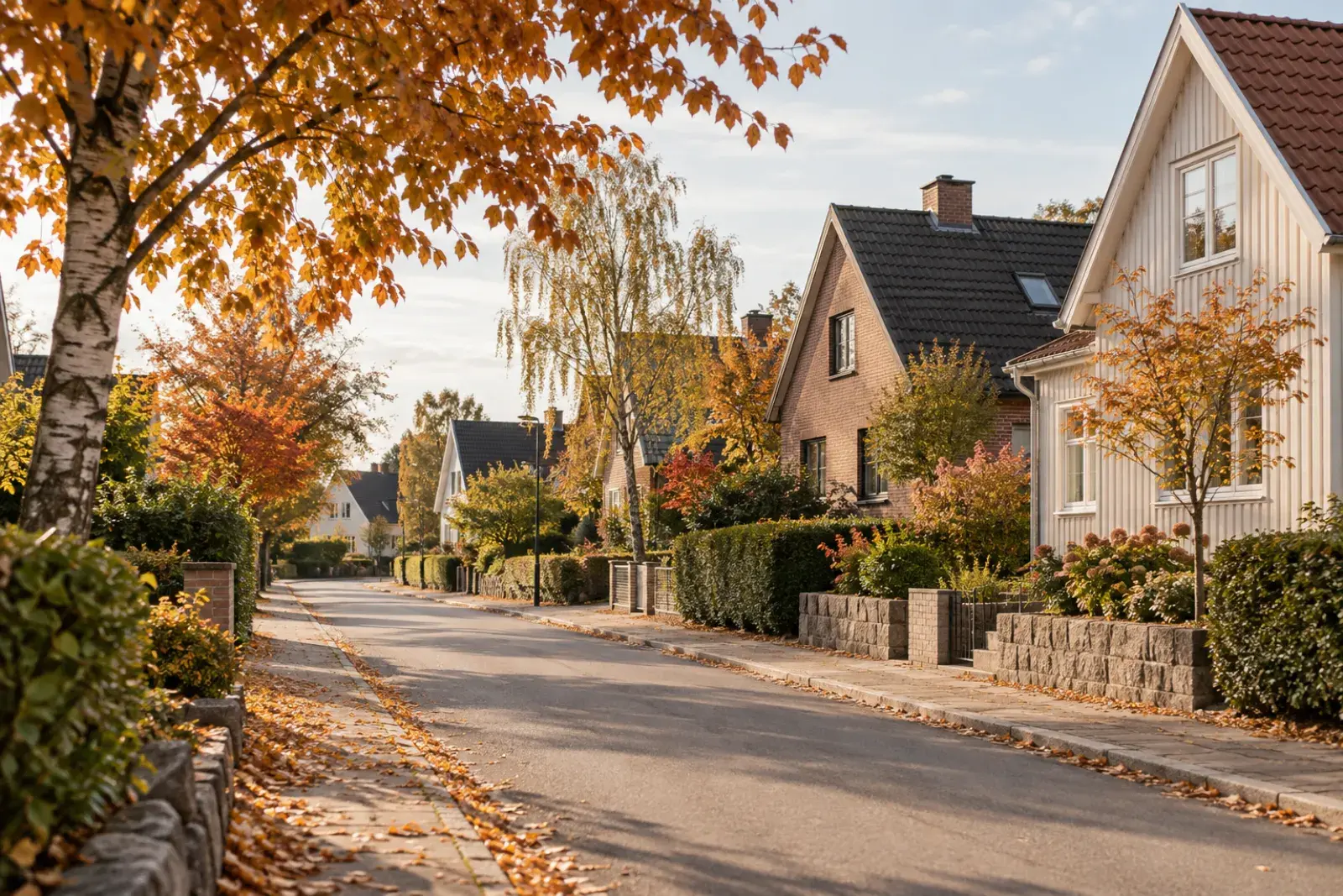 Villagata med höstlöv