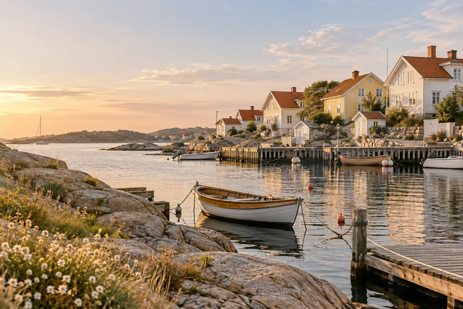 Liten hamn med träbåtar och låga hus